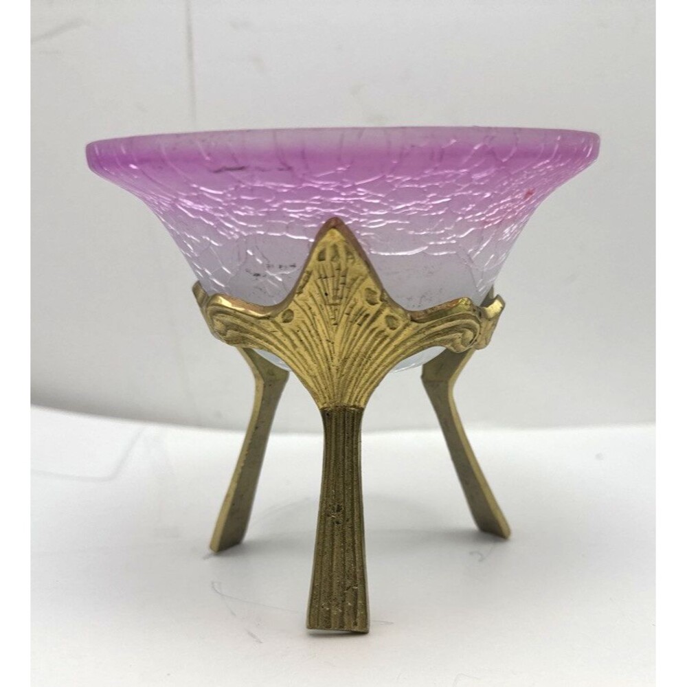 Crackled Glass Bowl Vase Candle Holder Orb Ornate Brass Stand Purple 4x4.25